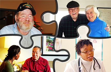 puzzle with images of Veterans, caregivers, social workers and care team