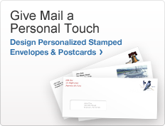 Give Mail a personal Touch. Design Personalized Stamped Envelopes and Postcards. Images of personalized envelopes with Liberty Bell or Purple Martin stamps, and a Sailboat stamped postcard.