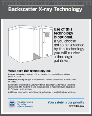 Backscatter technology signage. "Use of this technology is optional."