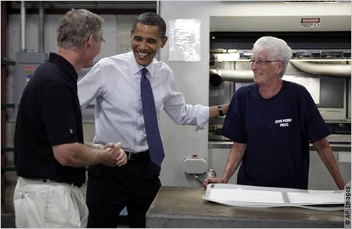 President Barack Obama with ZBB President and CEO Eric Apfelback, and ZBB employee Lonnie Mages