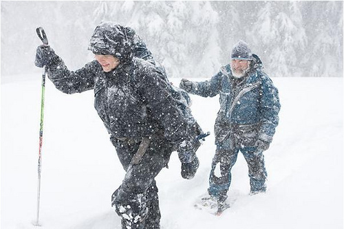 Snow surveyors approach SNOTEL site on Mount Hood.