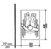 Top view of the 30 by 48 inch clear floor space for a wheelchair, shown a maximum of 10 inches from the wall along side it, on which an element, such as a light switch, might be located