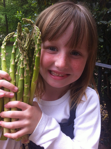 Addison, a Kindergarten student at Matoaka Elementary School, makes friends with a new vegetable on Asparagus Day. 