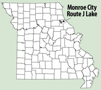 Map shows that Monroe City Route J Lake is in northeastern Missouri.