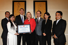 U.S. Secretary of State Hillary Clinton congratulates Ms. Pham Thanh My, the first scholarship recipient under the Higher Engineering Education Alliance Program (HEEAP) that aims to improve the quality of engineering education in Vietnam.