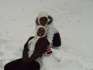 My friend and I enjoying our first day in the snow.