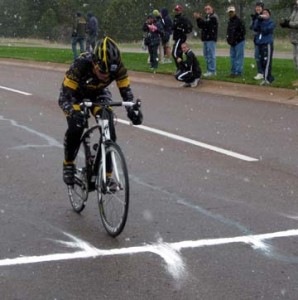 MAJ Shawn Morelli powers across the finish line in the 20K upright bike race.