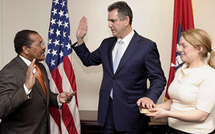 Francisco J. Sánchez, new under secretary for international trade, is sworn into office by Dennis Hightower, deputy secretary of commerce, on March 29, 2010.