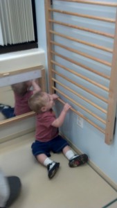 child pulling up on rungs of wall attached pull up bars
