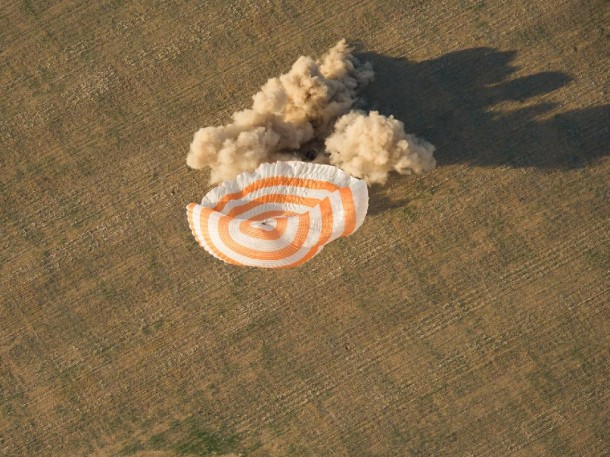 The Soyuz TMA-04M spacecraft with ISS Expedition 32 Commander Gennady Padalka of Russia, NASA Flight Engineer Joe Acaba and Russian Flight Engineer Sergei Revin lands in a remote area near the town of Arkalyk, Kazakhstan, on Sept. 17, 2012 (Kazakhstan time). (Photo: NASA/Carla Cioffi)