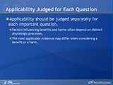 Applicability Judged for Each Question. Applicability should be judged separately for each important question. Factors influencing benefits and harms often depend on distinct physiologic processes. The most applicable evidence may differ when considering a benefit or a harm.