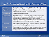 This slide presents a table of two columns, with one header row and five data rows.  The header row contains titles describing the contents of each column. Column one is labeled Domain.  Column two is labeled Description of Applicability Evidence for a Key Question.  In row one, column one, Domain: Population. Description of Applicability Evidence for a Key Question: The population and disease stage are representative of the United States population with heart failure. In row two, Domain: Intervention. Description of Applicability Evidence for a Key Question: The intervention is plausible. In row three, Domain: Comparators. Description of Applicability Evidence for a Key Question: Watchful waiting is reasonable if the baseline treatment in both groups was standard medical therapy. Standard medical therapy is not being used in most patients. Subgroup analyses suggest that benefits are predominantly in those patients not receiving standard therapy.  In row four, Domain: Outcomes. Description of Applicability Evidence for a Key Question: Although hospitalizations and survival are being evaluated, other outcomes, including harms, are not. In row five, Domain: Setting. Description of Applicability Evidence for a Key Question: The settings for the studies are large tertiary medical centers, which may overestimate the benefits of therapy in actual practice and accentuate the harms.