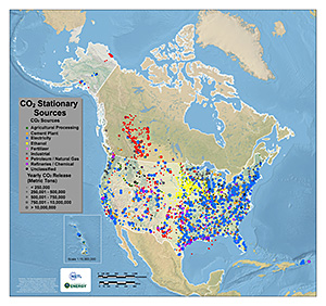 Map displaying CO2 stationary source data