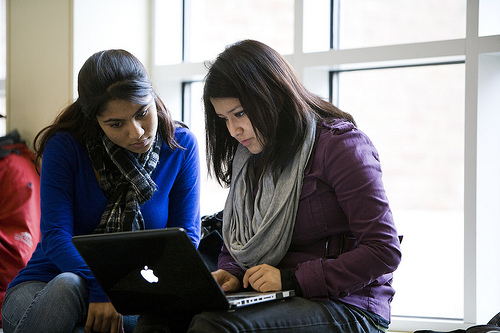 Two students study in the Bioscience Research Building