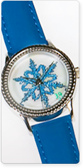 A silver novelty wristwatch with blue bands and an intricate design on its face, resembling a snowflake.