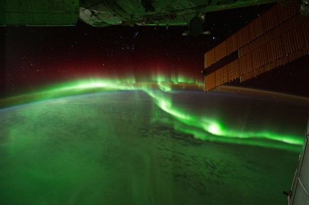 Astronauts on the International Space Station recently used a digital camera to capture several hundred photographs of the Aurora Australis, or the “southern lights”. Solar panels and other sections of the ISS fill some of the upper right side of the photograph.  (Photo: NASA)