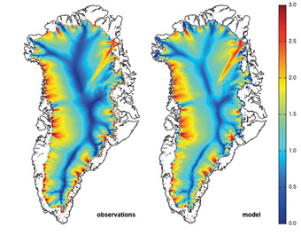 Recent advances in modeling have improved prediction of the movement of ice sheets. The simulated (right) versus the observed (left) flow velocities for Greenland ice sheets match well. Simulation data: Steve Price, Los Alamos National Laboratory; Observational data: Jonathan Bamber and colleagues in Journal of Glaciology, 46, 2000.