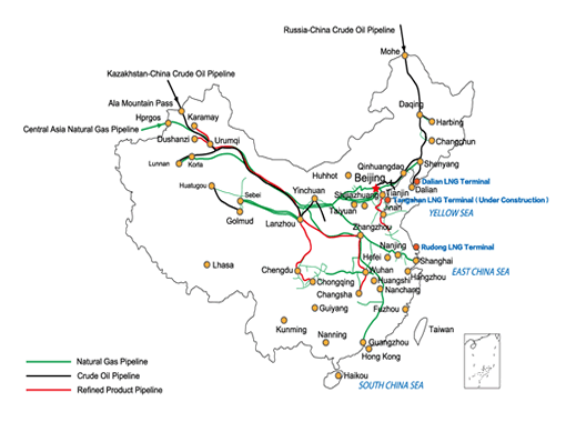 Map of China oil and gas pipelines