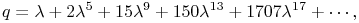 q=\lambda+2\lambda^{5}+15\lambda^{9}+150\lambda^{{13}}+1707\lambda^{{17}}+\cdots,