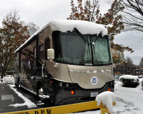 Milford, Conn., Nov. 8, 2012 -- A Nor'easter dumped a foot of snow in the hard-hit town of Milford. A Mobile Communications Office Vehicle (MCOV ) is supporting a Disaster Recovery Center operation in this hard-hit coastal town