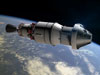 An artist concept shows Orion as it will appear in space for the Exploration Flight Test-1 attached to a Delta IV second stage.