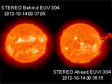 The Sun on Oct. 14, 2012 as seen by STEREO B (left) and STEREO A (right).