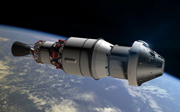 An artist concept shows Orion as it will appear in space for the Exploration Flight Test-1 attached to a Delta IV second stage.