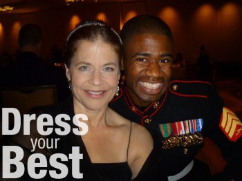 Sgt. Raymond Lewis, combat correspondent with the 8th Marine Corps District, and Linda Hamilton, actress known from her role as Sarah Conner in "Terminator," attend the Marine Corps Birthday Ball, Oct. 29, in Westlake, Texas. (U.S. Marine Corps photo by Sgt. Ray Lewis)