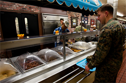 MARINE CORPS BASE HAWAII - Cpl. Andrew Donnelly, an assaultman with 3rd Battalion, 3rd Marine Regiment and native of Salinas, Calif., picks out his breakfast sides at Anderson Hall Dining Facility, Feb. 27. The chow hall is a financially savvy choice for Marines and sailors who live in the barracks and want to make most of their money to build a healthy diet. (U.S. Marine Corps photo by Cpl. James A. Sauter) 