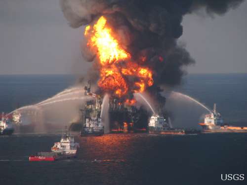 Paul Hsieh was named the 2011 Federal Employee of the Year for providing the critical scientific information needed to end the worst oil spill in our Nation's history. Fire boat response crews battle the blazing remnants of the offshore oilrig Deepwater Horizon on April 21, 2010. The well would leak an estimated 4.9 million barrels of oil before being successfully stopped. (Photo Credit: U.S. Coast Guard)