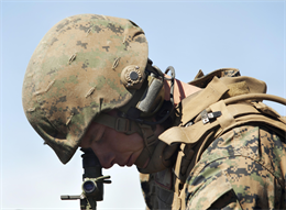 POHAKULOA TRAINING AREA, Hawaii - Lance Cpl. Travis Brixey, a field artilleryman with Alpha Battery, 1st Battalion, 12th Marine Regiment, and native of Coleman, Texas, sights in on the M327 120 mm mortar system during Operation Spartan Fury at Pohakuloa Training Area, Hawaii, Feb. 21, 2013. The Alpha Battery Marines used the mortar system for the first time during the training exercise and were mentored by Marines from Bravo Battery to become familiar with the new weaponry.(U.S. Marine Corps photo by Lance Cpl. Nathan Knapke)