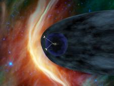 Artist's concept shows NASA's two Voyager spacecraft exploring a turbulent region of space known as the heliosheath