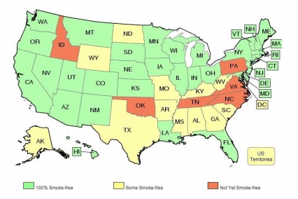 U.S Map showing states with smoke-free jurisdictions, see tables below