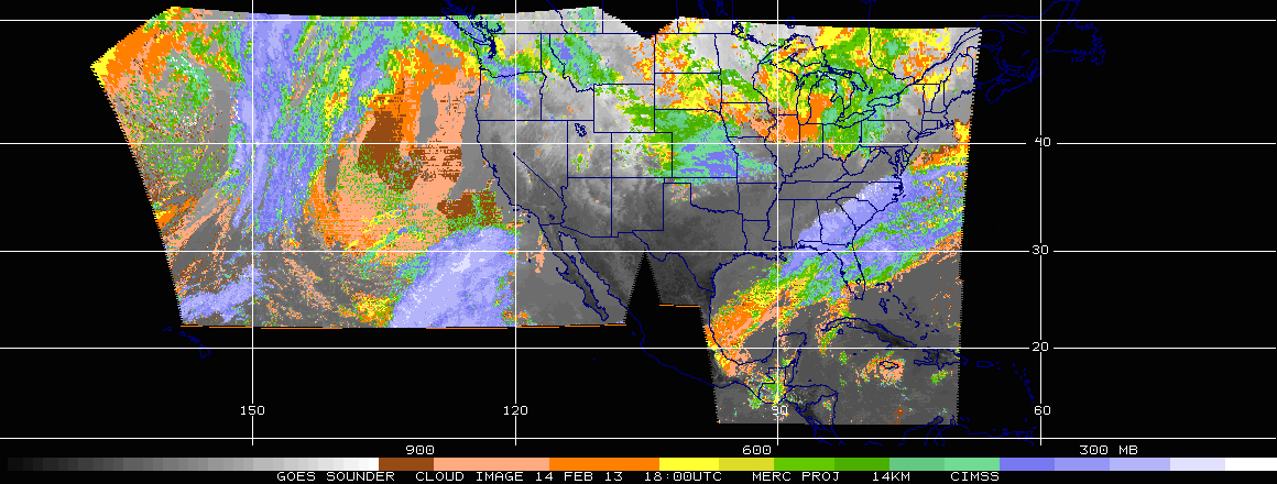 Cloud top pressure derived from the GOES-12 sounder.  Click on the image for a larger view.