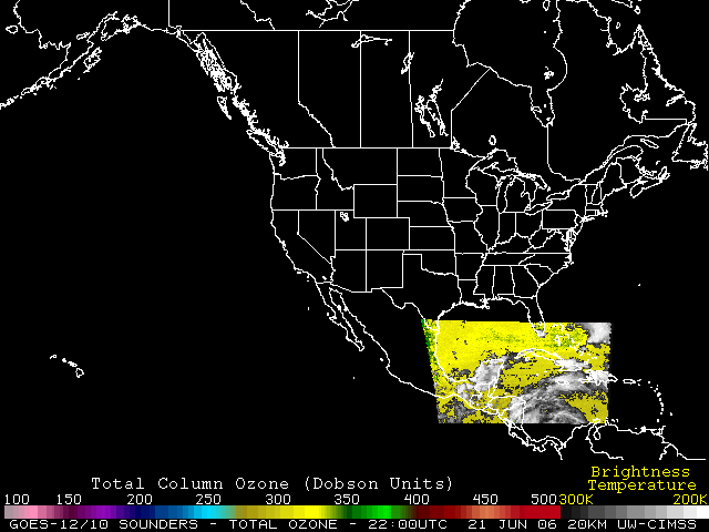 Total Column Ozone derived from the GOES-12 sounder.  Click on the image for a larger view.