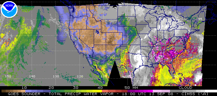 Total Precipitable Water derived from the GOES-12 sounder.  Click on the image for a larger view.