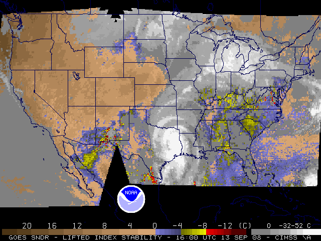 Lifted Index derived from the GOES-12 sounder.  Click on the image for a larger view.