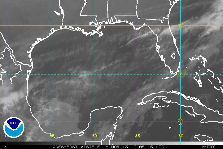 A recent visible image from GOES-12, zoomed in over the Gulf of Mexico.  Click on the image for a larger view.