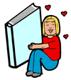 Cartoon of girl holding oversize book with hearts surrounding her