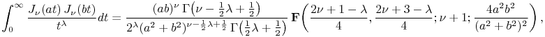 \int _{0}^{\infty}\frac{\mathop{J_{{\nu}}\/}\nolimits\!\left(at\right)\mathop{J_{{\nu}}\/}\nolimits\!\left(bt\right)}{t^{\lambda}}dt=\frac{(ab)^{\nu}\mathop{\Gamma\/}\nolimits\!\left(\nu-\frac{1}{2}\lambda+\frac{1}{2}\right)}{2^{\lambda}(a^{2}+b^{2})^{{\nu-\frac{1}{2}\lambda+\frac{1}{2}}}\mathop{\Gamma\/}\nolimits\!\left(\frac{1}{2}\lambda+\frac{1}{2}\right)}\mathop{\mathbf{F}\/}\nolimits\!\left(\frac{2\nu+1-\lambda}{4},\frac{2\nu+3-\lambda}{4};\nu+1;\frac{4a^{2}b^{2}}{(a^{2}+b^{2})^{2}}\right),