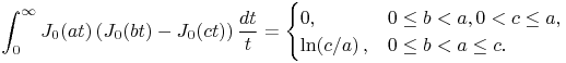 \int _{0}^{\infty}\mathop{J_{{0}}\/}\nolimits\!\left(at\right)\left(\mathop{J_{{0}}\/}\nolimits\!\left(bt\right)-\mathop{J_{{0}}\/}\nolimits\!\left(ct\right)\right)\frac{dt}{t}=\begin{cases}0,&0\leq b<a,0<c\leq a,\\
\mathop{\ln\/}\nolimits\!\left(c/a\right),&0\leq b<a\leq c.\end{cases}