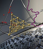 An artistic representation of the synthesis process of gold nanowires on functionalized single-walled carbon nanotubes. The growth mechanism of gold nanowires identified contains an ensemble of adsorption/desorption, shuttling and nanowelding elementary steps.