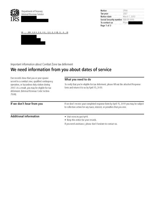 Image of page 1 of a printed IRS CP04 Notice