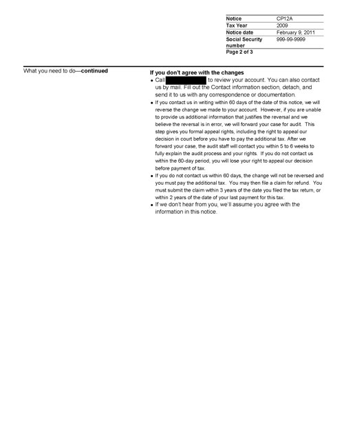 Image of page 2 of a printed IRS CP12A Notice