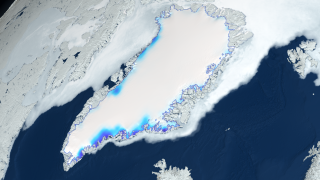 In this print resolution still, shades of blue  portray a reduction in the elevation of the Greenland ice sheet as measured by the ICESat satellite between 2003 and 2006.