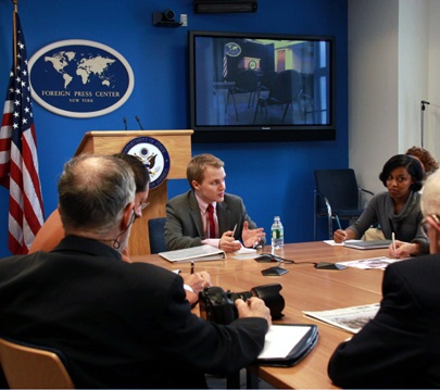 Date: 04/23/2012 Location: New York, NY Description: Ronan Farrow, Special Adviser tot he Secretary of State for Global Youth Issues, briefs at the New York Foreign Press Center on ''State Department Engagement in Youth Issues.'' - State Dept Image