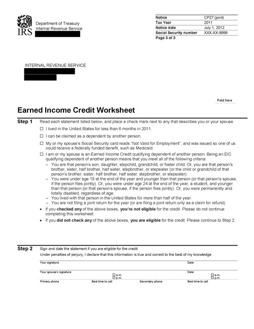 Image of page 3 of a printed IRS CP27 Notice