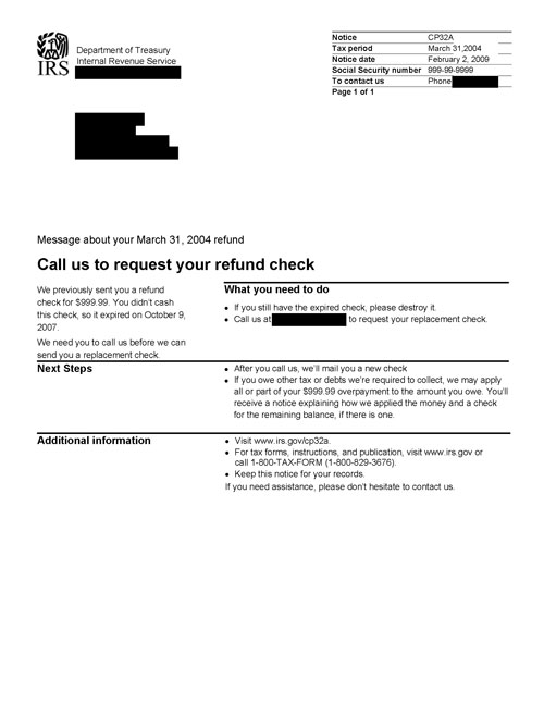 Image of page 1 of a printed IRS CP32A Notice