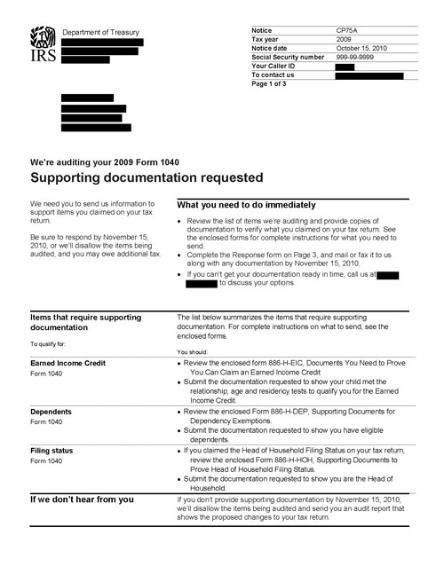 Image of page 1 of a printed IRS CP75A Notice