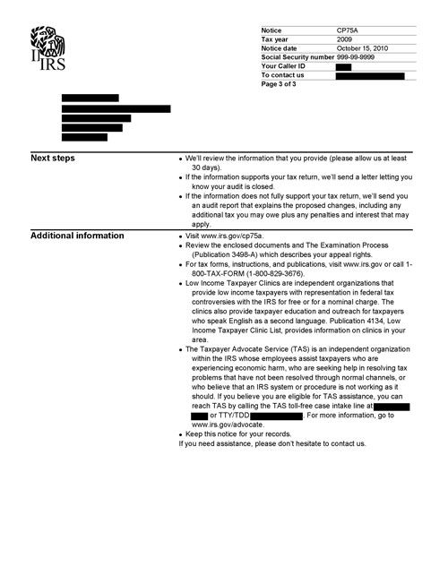 Image of page 2 of a printed IRS CP75A Notice